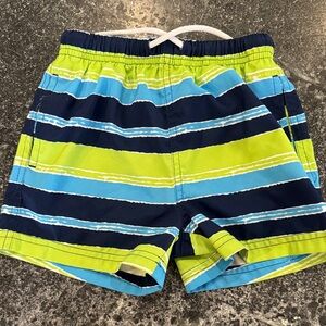 Boys Striped Elastic Waist Swim Shorts in Lime, Navy & Sky Blue